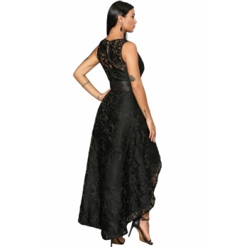 Royal Blue Sleeveless Lace Overlay Bow Sash Party Dress Black